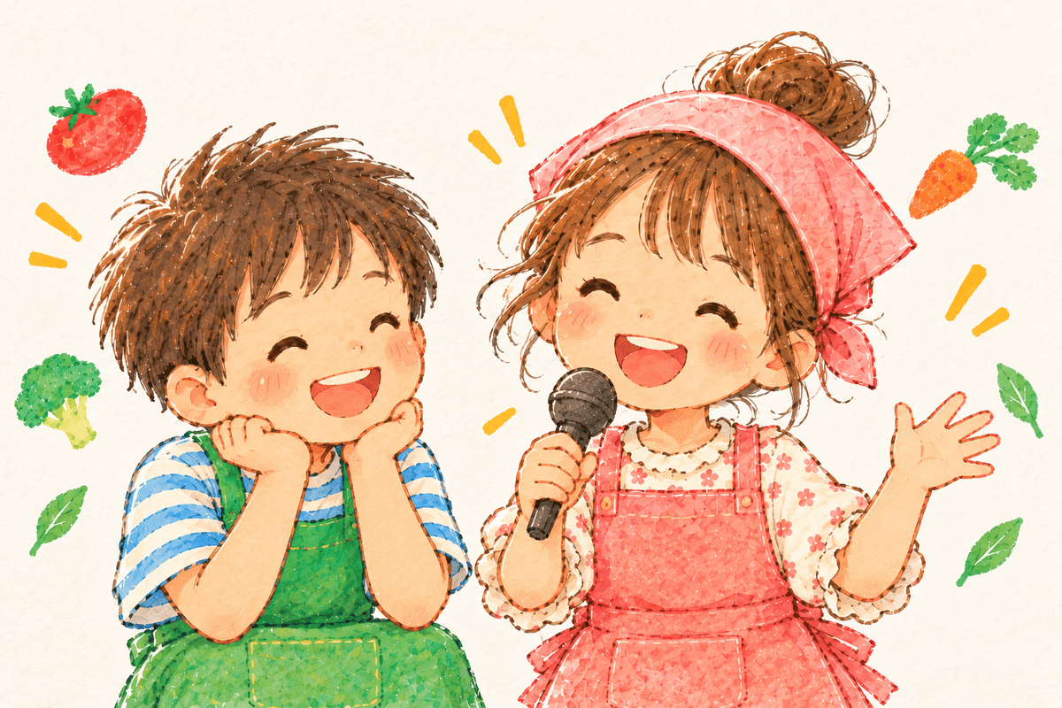 マイクを持って話す女の子と、隣で笑顔で見守る男の子のイラスト