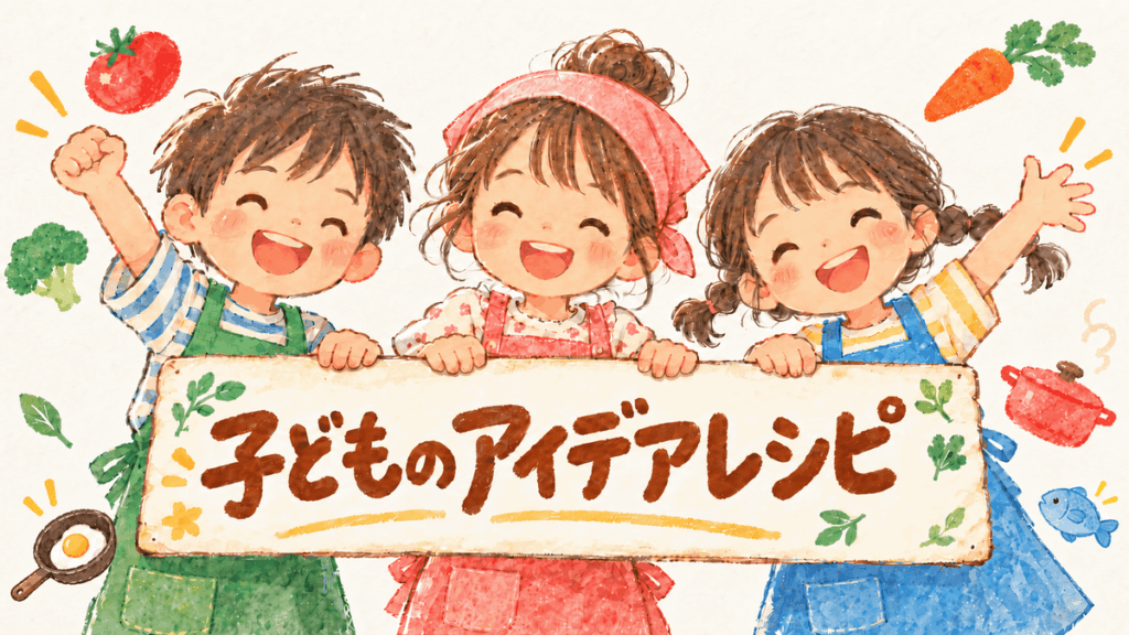 「子どものアイデアレシピ」と書かれた看板を持つ、笑顔の子どもたちのイラスト