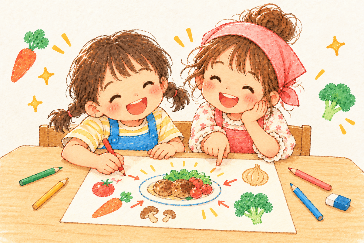 机に向かい、料理のアイデアを紙に描く子どもたちのイラスト