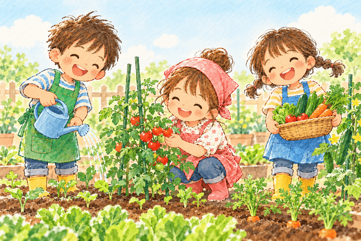畑で野菜に水をやり、観察や収穫を楽しむ子どもたちのイラスト
