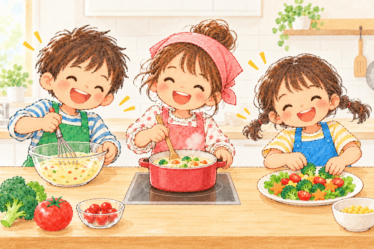 キッチンで混ぜる、煮る、盛りつけを楽しむ子どもたちのイラスト